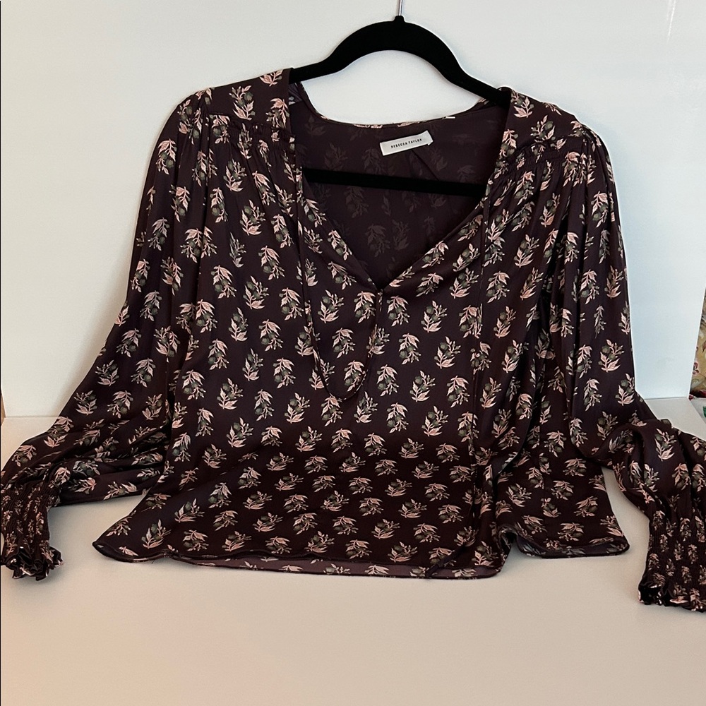 Rebecca Taylor Plum Floral V-Neck Blouse with Smocked Cuffs